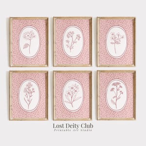 Pastel Pink Floral Art Print Set of 6 Cottagecore Botanical Prints, DIGITAL Neutral Gallery Wall Art Set for Grandmillennial Decor | #S145