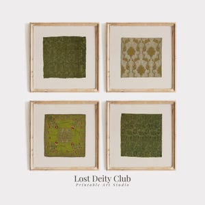 May include: Four framed prints of different green and gold patterned fabrics. The prints are arranged in a grid pattern. The text "Lost Deity Club Printable Art Studio" is at the bottom of the image.