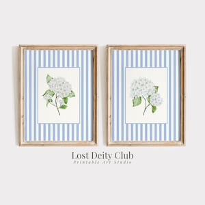 White Hydrangea Print Set of 2 Nancy Meyers Blue Striped Coastal Grandmother Wall Art, French Country Decor, Cottagecore Floral Prints S196