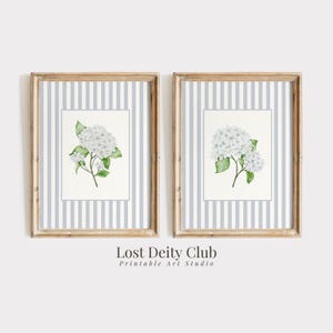 White Hydrangea Print Set of 2 Nancy Meyers Grey-Blue Striped Coastal Grandmother Wall Art, French Country Cottagecore Floral Prints | S202