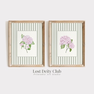 Pink Hydrangea Print Set of 2 Nancy Meyers Sage Green Striped Coastal Grandmother Wall Art, French Country Cottagecore Floral Prints | S193