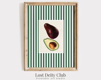 Stampa artistica di avocado, stampa da parete per cucina, decorazione estetica Old Money, stampa DIGITALE Grandmillennial a righe verdi di Nancy Meyers n. 359