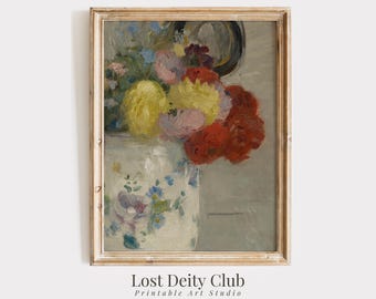 May include: A vintage painting depicting a bouquet of red, yellow, and pink flowers arranged in a white ceramic vase with a floral pattern. The vase is positioned on a table against a light grey backdrop.