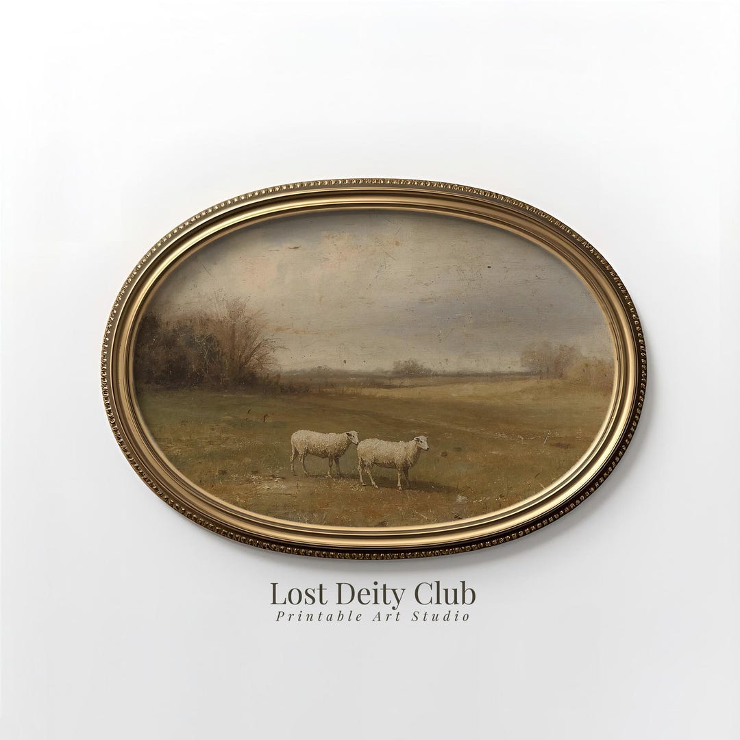 Vintage Sheep Pastoral Landscape Painting: Muted Farmhouse Nursery Wall ...