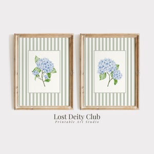 Blue Hydrangea Print Set of 2 Nancy Meyers Sage Green Striped Coastal Grandmother Wall Art, French Country Cottagecore Floral Prints | S191