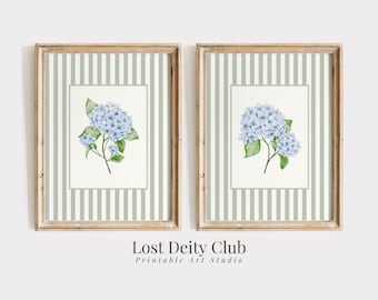 Zestaw 2 niebieskich nadruków z hortensjami, Nancy Meyers Sage Green Striped Coastal Grandmother Wall Art, nadruki kwiatowe w stylu French Country Cottagecore | S191