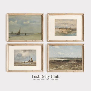 Muted Coastal Gallery Wall Art Set of 4 Prints, PRINTABLE Vintage Seascape Paintings, Neutral Wall Art Prints, Nautical Wall Decor | #S117