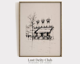 Winter Paris Cafe Rainy Street Sketch Print: Vintage Fall French Bistro Drawing Printable #502