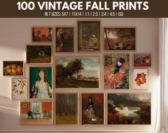 Puede incluir: Una colección de grabados vintage de otoño enmarcados, exhibidos en una pared. Los grabados presentan diversas pinturas de paisajes y retratos con paletas de colores cálidos. El texto en la parte superior dice "100 VINTAGE FALL PRINTS" y enumera tamaños como 5x7 y 11x14 pulgadas (12.7x17.8cm y 27.9x35.6cm).