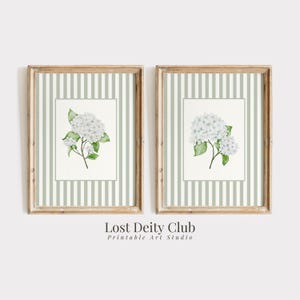 White Hydrangea Print Set of 2 Nancy Meyers Sage Green Striped Coastal Grandmother Wall Art, French Country Cottagecore Floral Prints | S192