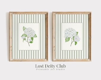 White Hydrangea Print Set of 2 Nancy Meyers Sage Green Striped Coastal Grandmother Wall Art, French Country Cottagecore Floral Prints | S192
