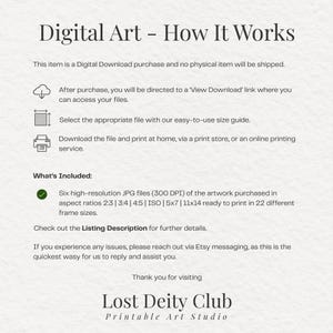 Puede incluir: Un gr&aacute;fico blanco con el texto "Digital Art - How It Works" e instrucciones para descargar e imprimir arte digital. Incluye detalles sobre tipos y tama&ntilde;os de archivos, y el logotipo de Lost Deity Club.