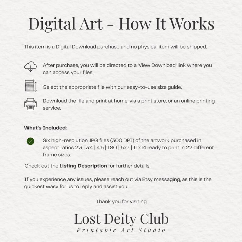 Puede incluir: Un gr&aacute;fico blanco con el texto "Digital Art - How It Works" e instrucciones para descargar e imprimir arte digital. Incluye detalles sobre tipos y tama&ntilde;os de archivos, y el logotipo de Lost Deity Club.