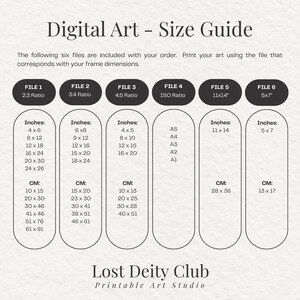 Puede incluir: Una gu&iacute;a de tallas para impresiones de arte digital, con dimensiones en pulgadas y cent&iacute;metros. Incluye proporciones como 2:3, 3:4 y 4:5, adem&aacute;s de proporciones ISO y tama&ntilde;os espec&iacute;ficos como 28x36 cm y 13x17 cm. De Lost Deity Club.