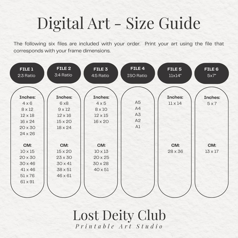 Puede incluir: Una gu&iacute;a de tallas para impresiones de arte digital, con dimensiones en pulgadas y cent&iacute;metros. Incluye proporciones como 2:3, 3:4 y 4:5, adem&aacute;s de proporciones ISO y tama&ntilde;os espec&iacute;ficos como 28x36 cm y 13x17 cm. De Lost Deity Club.