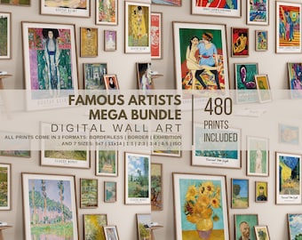 May include: A collage of digital wall art prints featuring famous artists such as Gustav Klimt, Ernst Ludwig Kirchner, Claude Monet, and Vincent van Gogh. The image displays a range of paintings in various styles and colours, with a total of 480 prints included in the bundle.