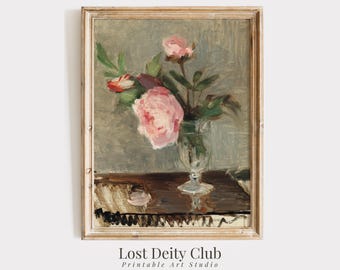 Peony Flower Art antiek schilderij, vintage bloemen kunst aan de muur AFDRUKBARE roze pioenrozen print, roze bloemen Franse boerderij decor | #107