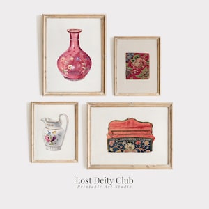 Victorian Cottagecore Gallery Wall Set of 4 Pink Wall Art Prints, Vintage Country Cottage Art, Pink Decor DIGITAL Antique Wall Art Set #S104