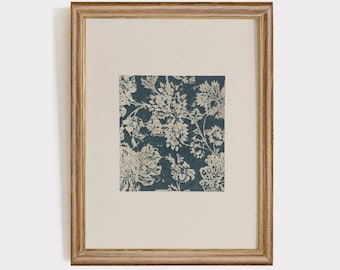 French Country Botanical Print: Teal Blue Floral Textile Wall Art (Downloadable Digital Printable) #380