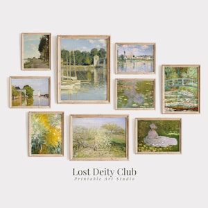 May include: A collection of eight framed art prints featuring various landscapes and scenes. The prints are in a variety of styles, including impressionistic and realistic. The prints are all in muted colours and feature a variety of subjects, including water, trees, and flowers. The prints are arranged in a grid pattern on a white wall. The text "Lost Deity Club Printable Art Studio" is at the bottom of the image.