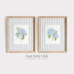 Blue Hydrangea Print Set of 2 Nancy Meyers Grey-Blue Striped Coastal Grandmother Wall Art, French Country Cottagecore Floral Prints | S200
