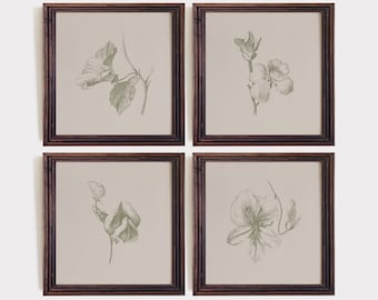 ミニマリストなボタニカルプリント4枚セット：セージグリーンの花柄ラインアート、ニュートラルなフレンチカントリー風インテリア #S225