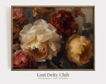 May include: A framed floral print depicting a bouquet of peonies in white, red, and yellow hues. The artwork has a vintage style with visible brushstrokes and a gold frame. The text "Lost Deity Club Printable Art Studio" is at the bottom.