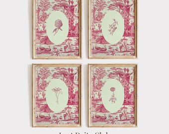 Toile De Jouy Chinoiserie Red Botanical Art Print Set of 4, Vintage Cottagecore Floral Print Set Gallery Wall, Grandmillennial Decor | #S141