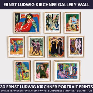 May include: A gallery wall display of 10 framed art prints featuring the work of Ernst Ludwig Kirchner. The prints are in a variety of styles and colors, and they depict a range of subjects, including portraits, landscapes, and still lifes. The prints are all framed in simple wooden frames.