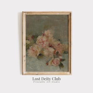 Vintage Pink Roses Still Life Painting PRINTABLE Wall Art, Antique Farmhouse Art, Muted Floral Cottagecore Decor, DIGITAL Art Print #333