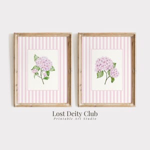 Pink Hydrangea Print Set of 2 Nancy Meyers Pink Grandmillennial Wall Art, Striped Cottagecore Floral Prints, Coastal Grandmother Art | S198