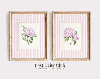 Pink Hydrangea Print Set of 2 Nancy Meyers Pink Grandmillennial Wall Art, Striped Cottagecore Floral Prints, Coastal Grandmother Art | S198