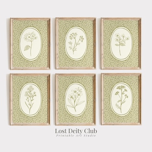 Sage Green Floral Art Print Set of 6 Cottagecore Botanical Prints, DIGITAL Neutral Gallery Wall Art Set for Grandmillennial Decor | #S140