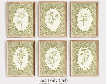 May include: Set of six printable art prints featuring botanical illustrations of various flowers in a green oval frame on a green background with a white border. The prints are titled "Lost Deity Club Printable Art Studio".