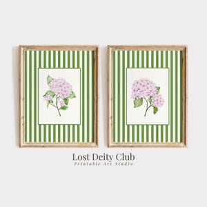Pink Hydrangea Print Set of 2 Nancy Meyers Green Striped Cottagecore Floral Prints, Modern Southern Wall Art, Grandmillennial Decor | S204