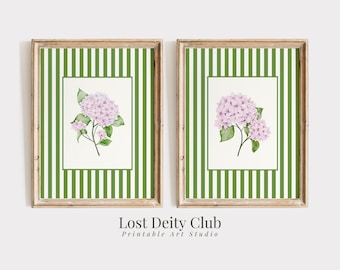 Rosa Hortensien Druck Set mit 2 Nancy Meyers Grün Gestreiften Cottagecore Blumendrucken, Moderne Südliche Wandkunst, Grandmillennial Dekor | S204
