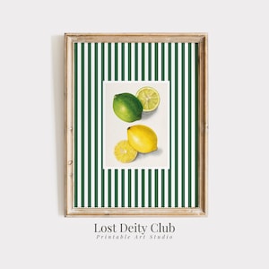 Art de fruits au citron, art mural de cuisine, décoration esthétique Old Money IMPRIMABLE, impression numérique grand-millénaire à rayures vertes Nancy Meyers | #357