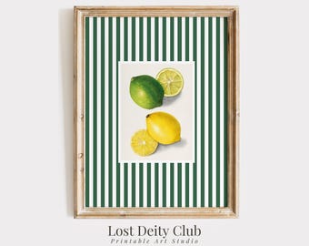Arte con frutta al limone, decorazione murale da cucina STAMPABILE, decorazione estetica Old Money, stampa DIGITALE Grandmillennial a strisce verdi di Nancy Meyers / #357