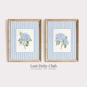 Blue Hydrangea Print Set of 2 Nancy Meyers Blue Striped Coastal Grandmother Wall Art, French Country Decor, Cottagecore Floral Prints | S194