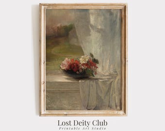 May include: A vintage oil painting depicting a bowl of red and white flowers, placed on a white tablecloth with a window in the background.