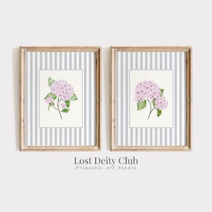 Pink Hydrangea Print Set of 2 Nancy Meyers Grey-Blue Striped Coastal Grandmother Wall Art, French Country Cottagecore Floral Prints | S201