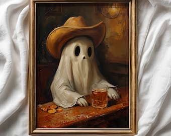 Impresión de carrito de bar con temática de vaquero fantasma: arte de pared imprimible de otoño con temática cottagecore, decoración de pared de Halloween caprichosa n.° 406