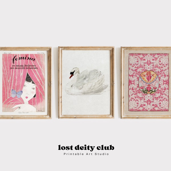 Romantic Pink Wall Art Set | French Coquette Print Set | Vintage Swan Art Print | Romancecore Décor | Lovecore Trio Print Set | DIGITAL #S17