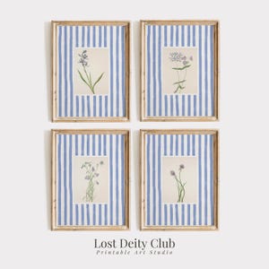 Set di 4 stampe artistiche floreali a strisce blu, set di gallerie d'arte da parete botanica vintage Cottagecore, decorazione Grandmillennial STAMPABILE / #S123