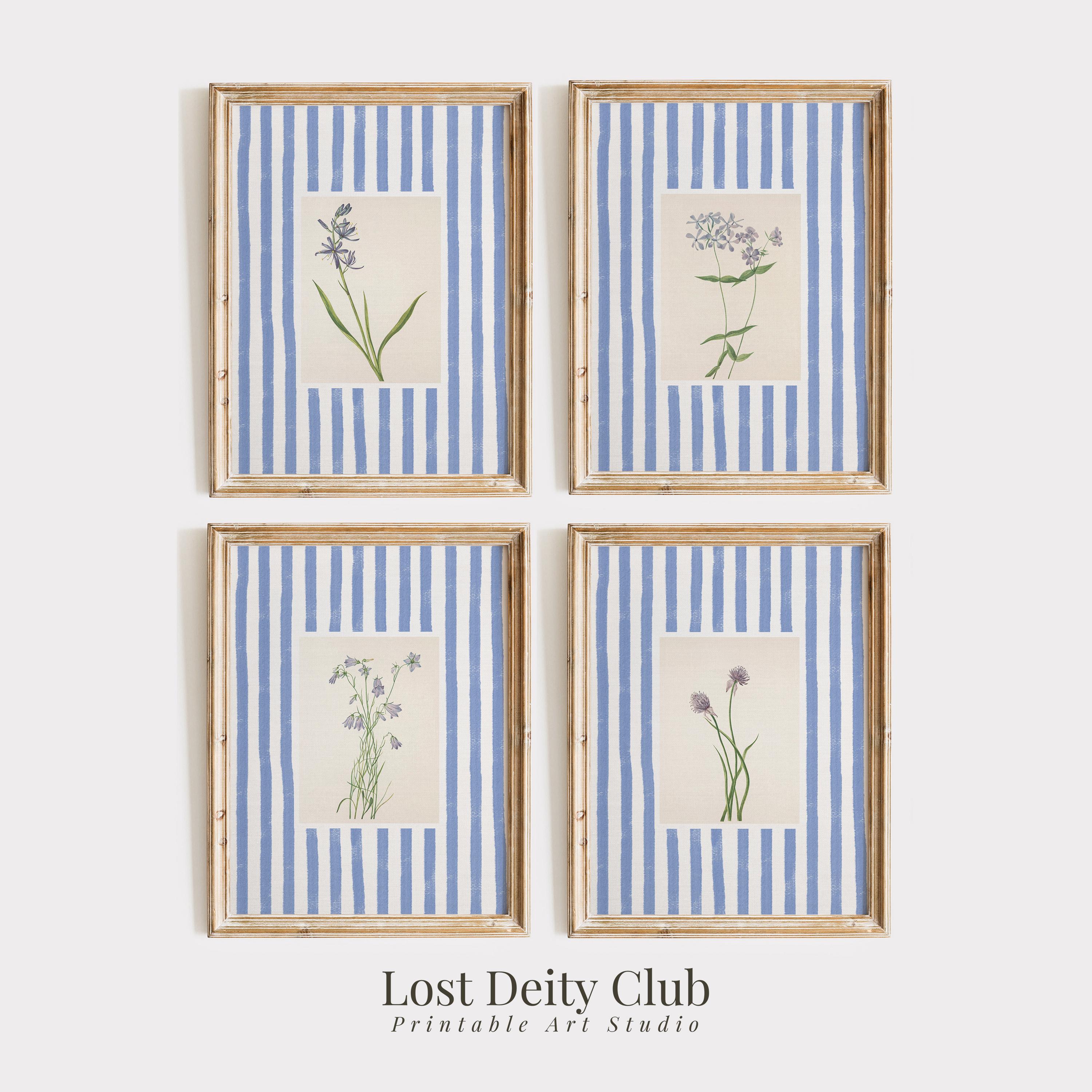 Blau gestreiftes Floral Art Print 4-er Set, Cottagecore Vintage Botanische Wand Kunst Galerie Set, DRUCKBAR Grandmillennial Dekor | #S123