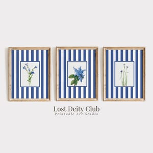 Blue Striped Floral Art Print Set of 3 Cottagecore Botanical Prints, PRINTABLE Flower Gallery Wall Set, Navy Blue Grandmillennial Decor S134