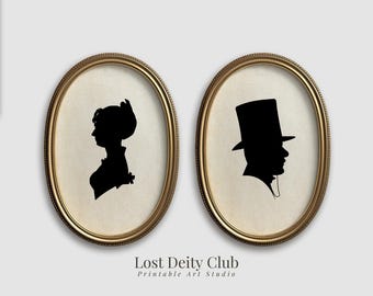 Conjunto de retratos de siluetas vintage: Arte invernal de pareja victoriana, decoración de pared antigua n.° S235
