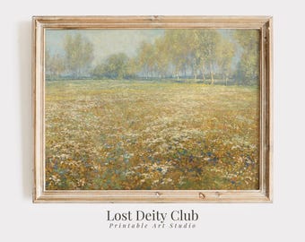 Spring Meadow Print, Vintage Landscape Painting, Country Field Art PRINTABLE Wildflowers Wall Art, Floral Cottagecore Aesthetic | #45