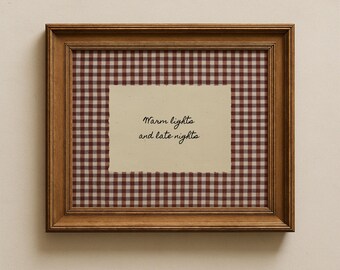Warm Lights and Late Nights Homely Art Print: Rustic Brown Gingham Cottagecore Wall Art, Farmhouse Kitchen Decor (Digital Download) #644