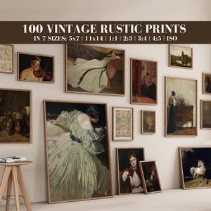 May include: A collection of framed vintage rustic prints in various sizes, including 5x7 and 11x14 inches, displayed on a white wall. The artwork features classic paintings with a variety of subjects and styles, creating a gallery wall aesthetic.